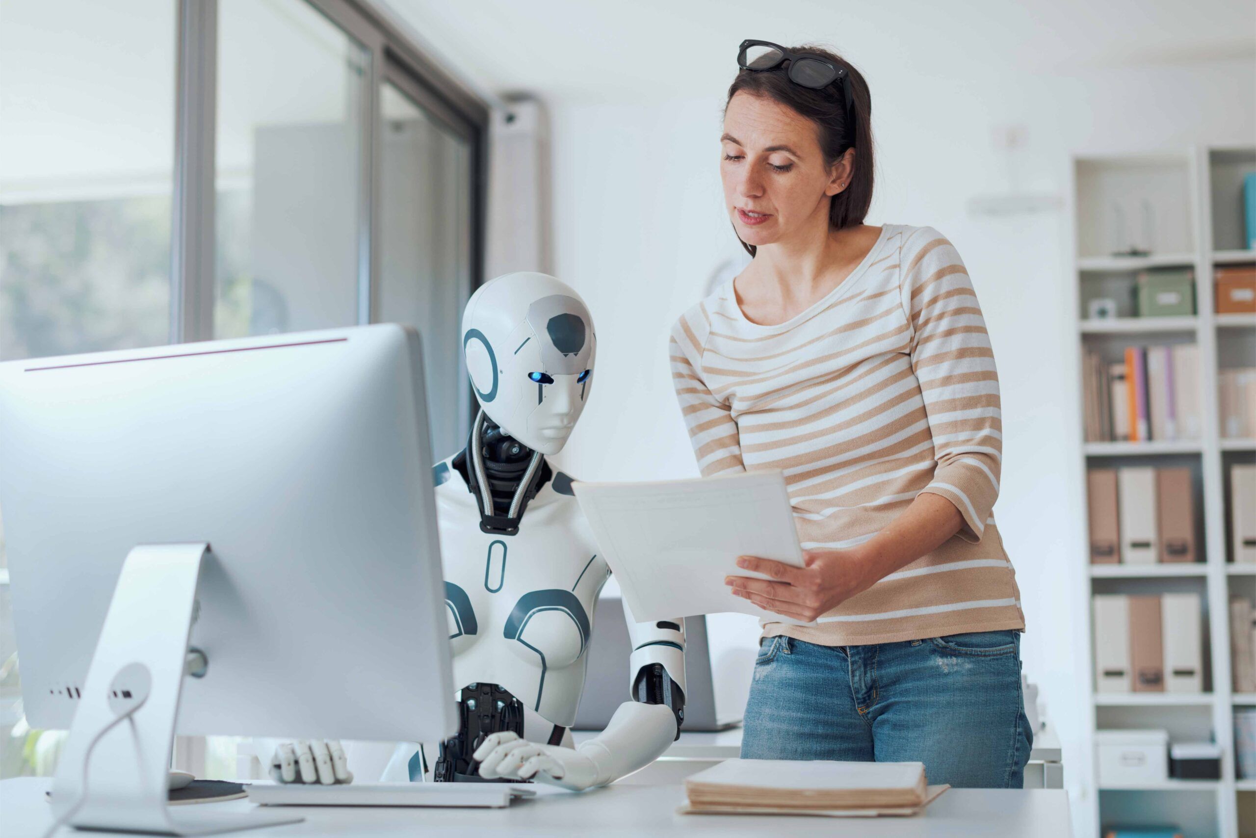 Woman And Ai Bot Working Together